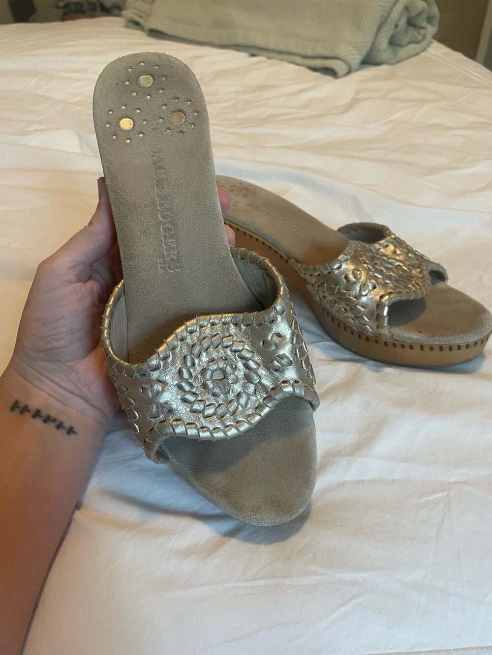 Jack Rogers Gold Leather Wedge Sandals